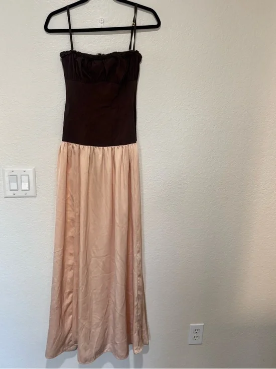 WeWoreWhat Ruffle Corset Brown Champagne Satin Maxi Dress Size 6 Small - Picture 3 of 8